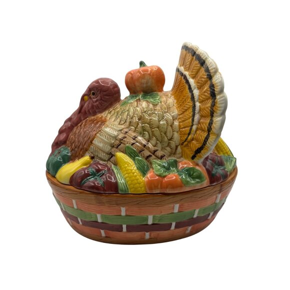 Handpainted Ceramic Turkey Basket Soup Tureen with Spoon - Picture 2 of 9